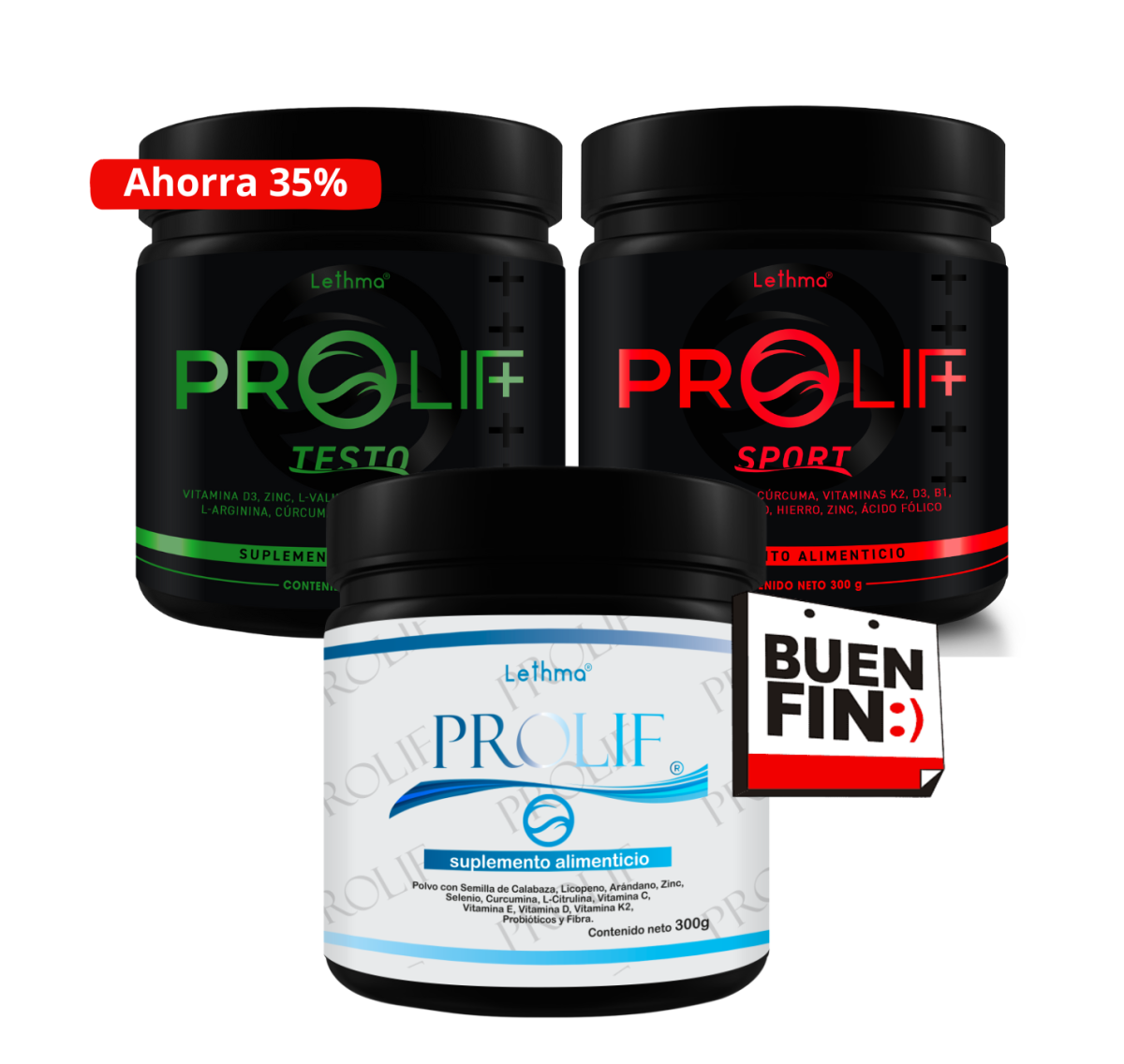 SUPER PACK 3 botes de 300g Prolif Original, Sport y Testo - 180 tomas